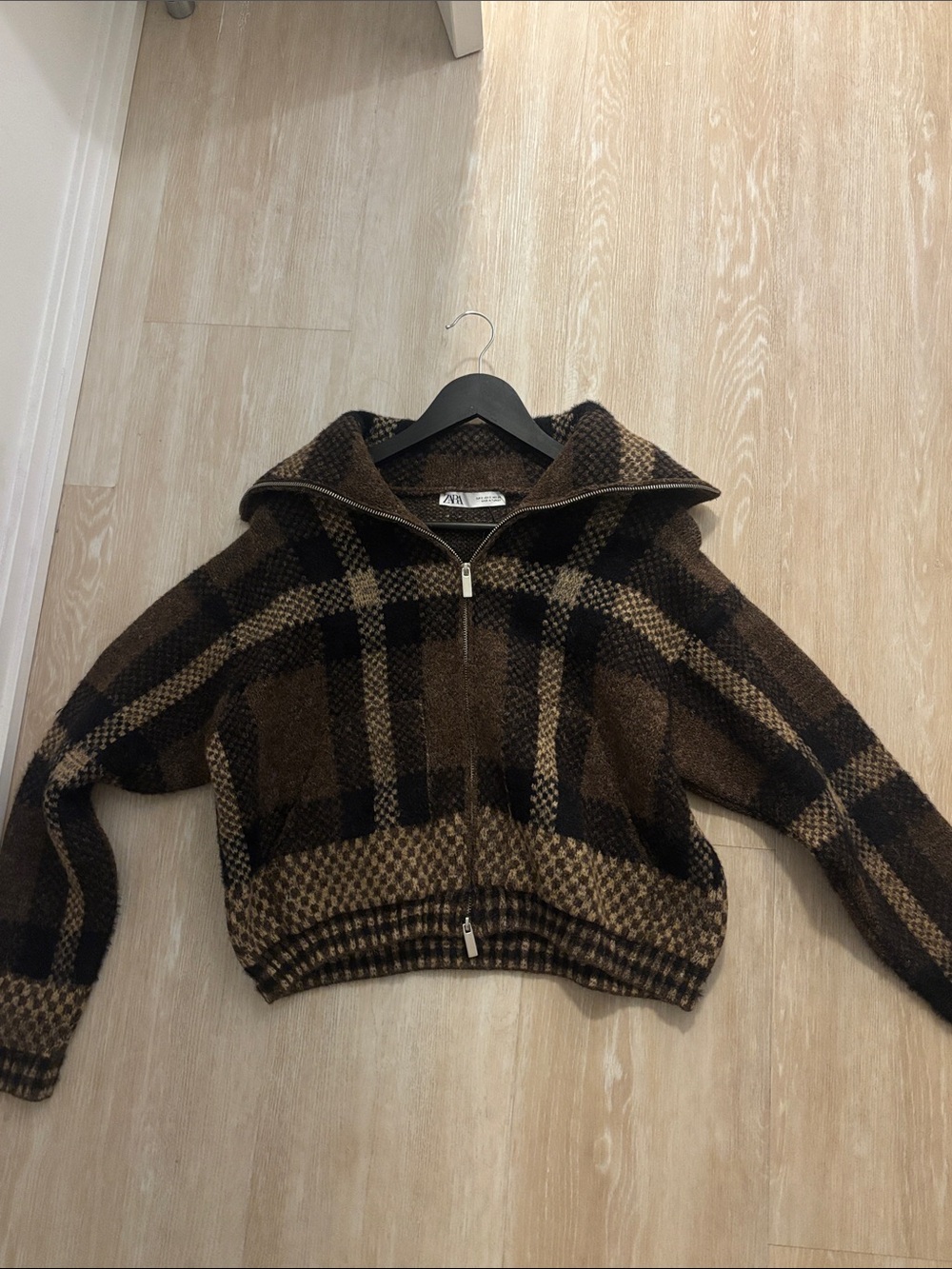 Brown Plaid Zip-Up Hooded Jacket